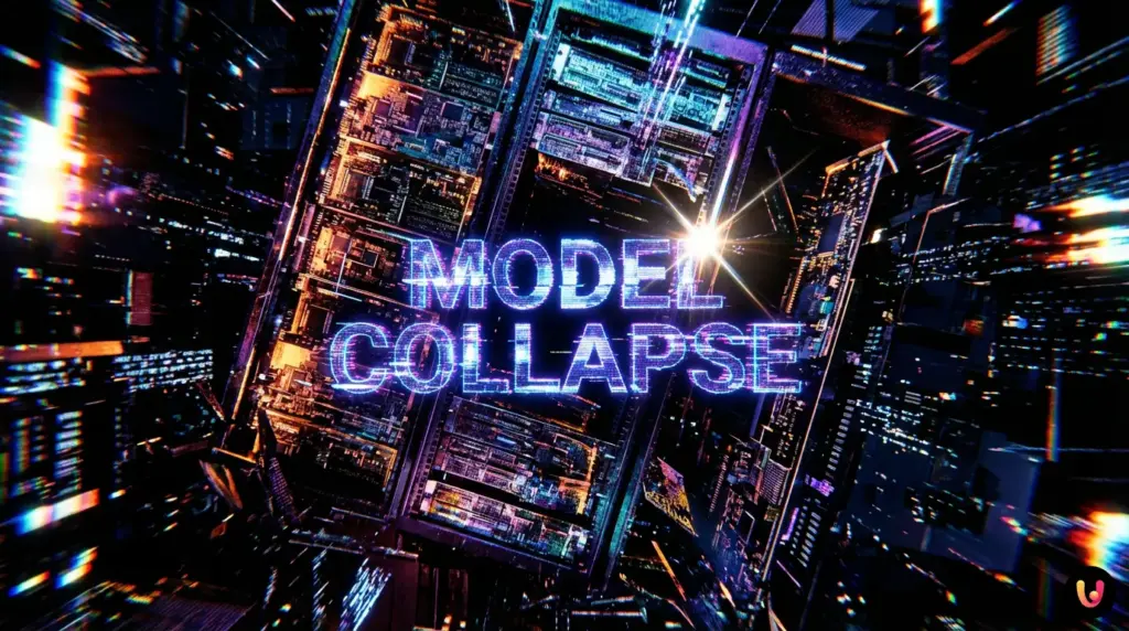 Model Collapse: perché l’IA sta iniziando a nutrirsi di sé stessa Illustrazione di una rete neurale che si deforma e disgrega a causa del Model Collapse