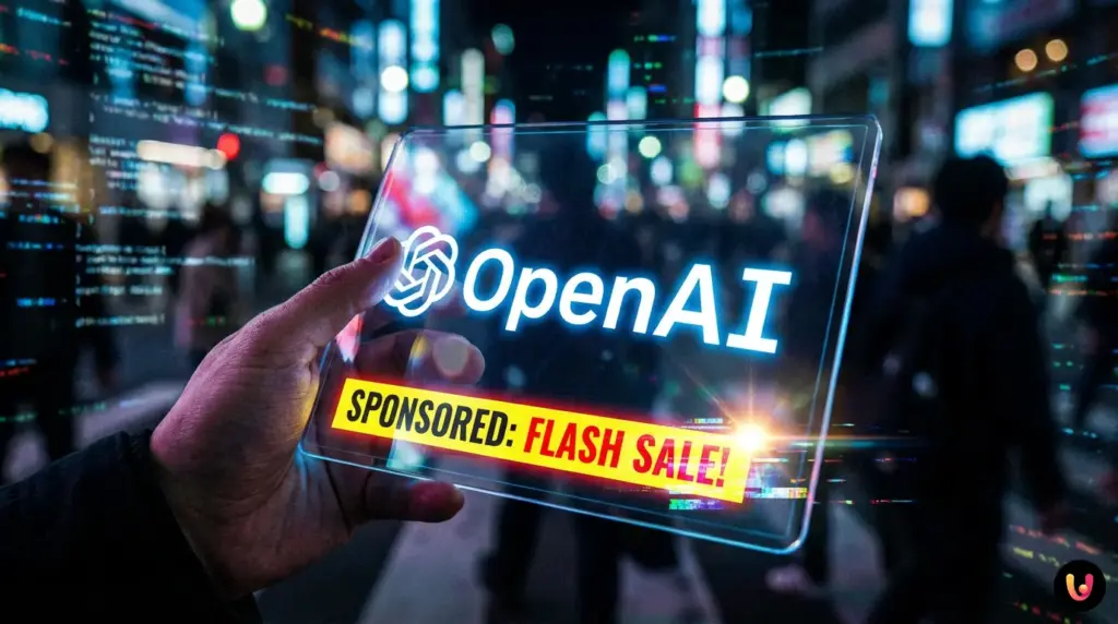 Grafica che mostra il logo OpenAI e annunci pubblicitari su ChatGPT
