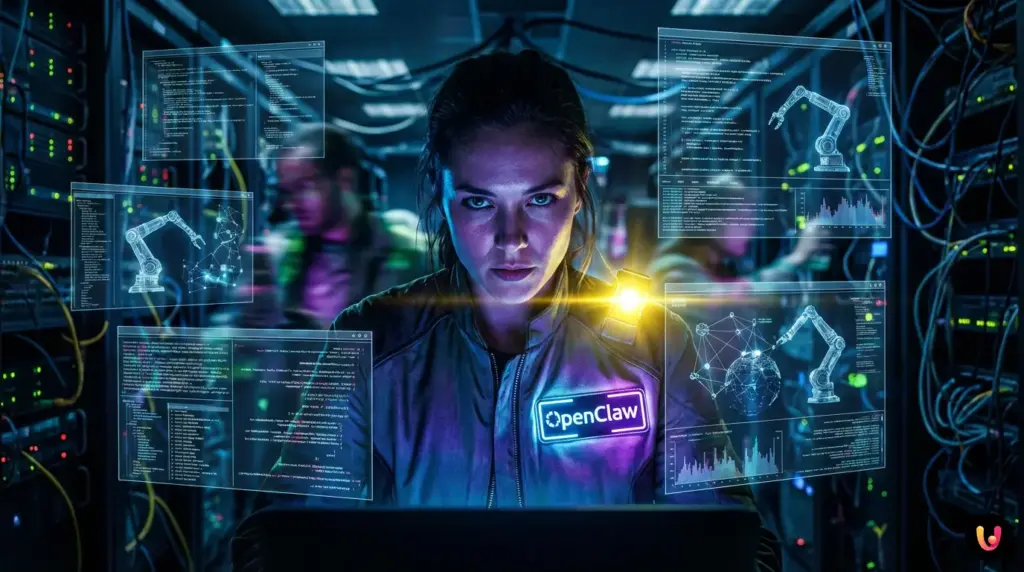 Grafica futuristica che mostra l'ecosistema degli agenti AI OpenClaw e Moonshot AI