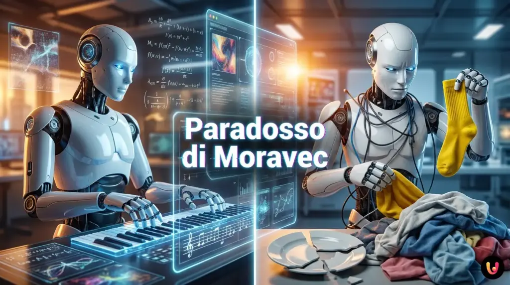 Robot umanoide guarda confuso un piatto da lavare simboleggiando il Paradosso di Moravec