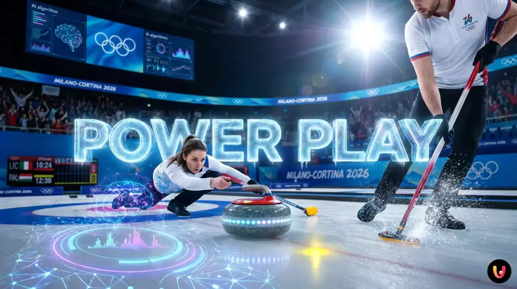 Pietre da curling sul ghiaccio durante una partita di doppio misto con strategia Power Play
