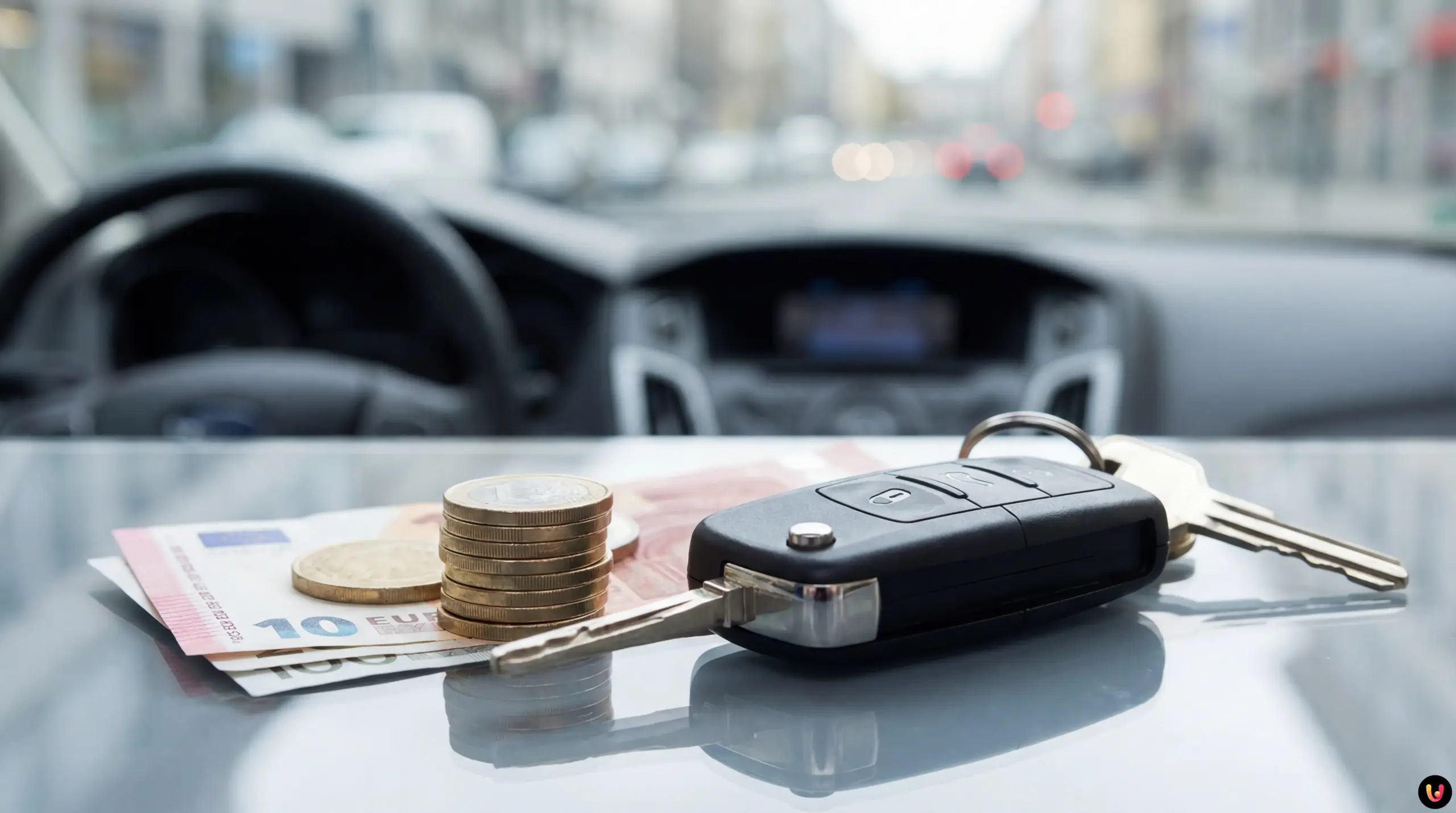 Modellino auto e monete su modulo di polizza assicurativa RCA