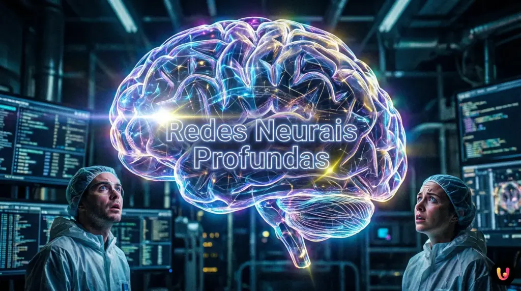 O enigma da Caixa Preta: por que a IA é ilegível para seus criadores? Ilustração de um cérebro digital complexo com conexões luminosas representando a caixa preta da IA.