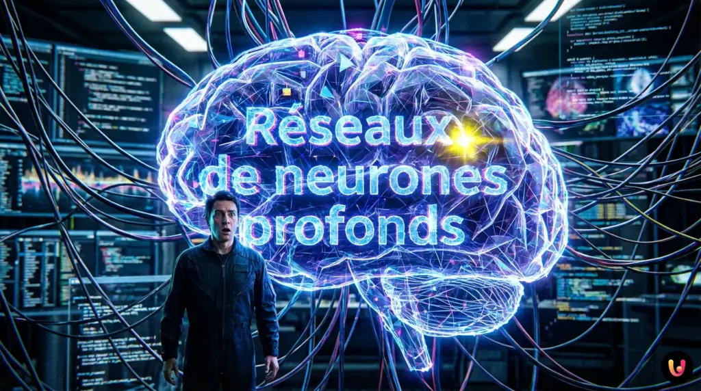 R&eacute;seau de neurones profonds illustr&eacute; sous forme de matrice num&eacute;rique complexe