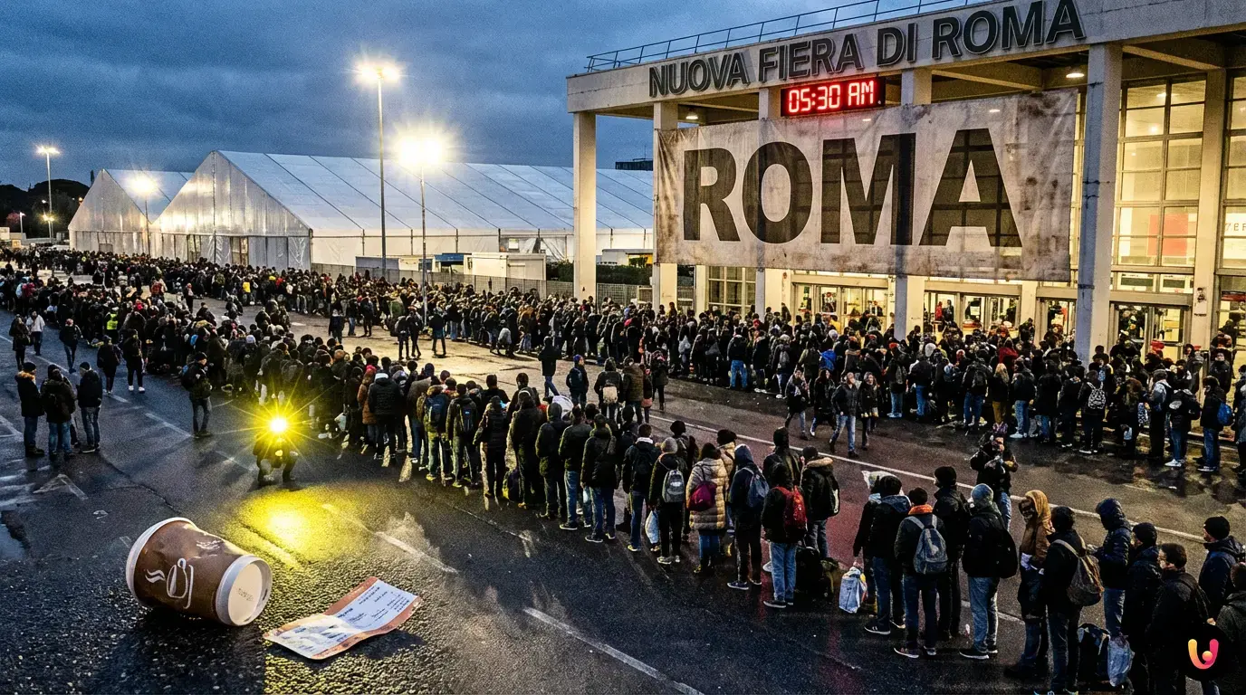 Folla di candidati in fila davanti alla Fiera di Roma per un concorso pubblico