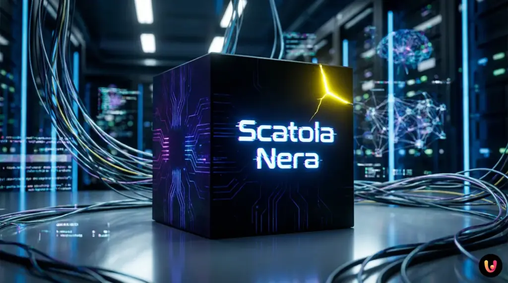 Il paradosso della Scatola Nera: l’AI decide, ma non sappiamo come Illustrazione concettuale di una rete neurale complessa e misteriosa