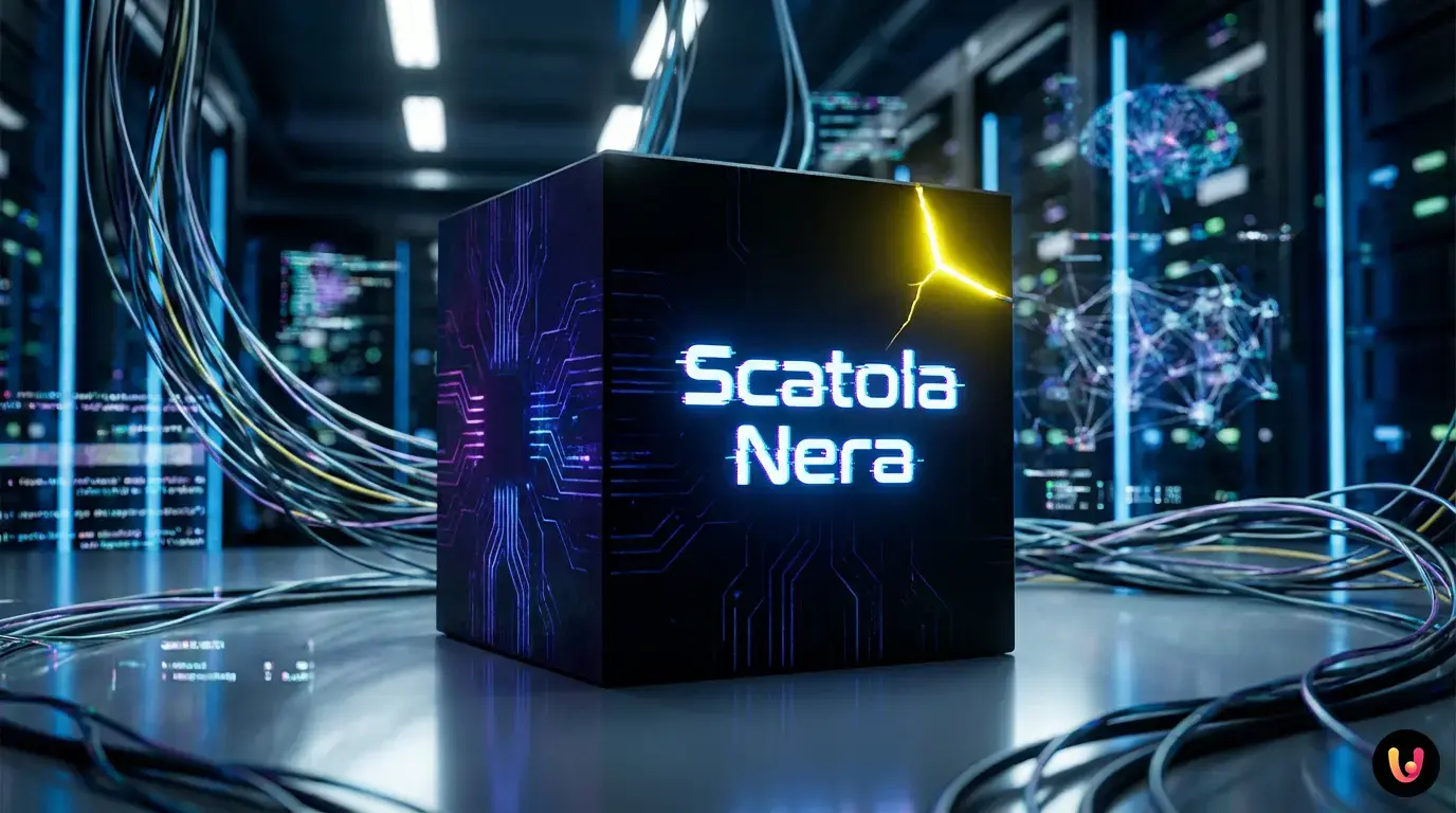 AI Black Box: Il paradosso delle Reti Neurali Illustrazione concettuale di una rete neurale complessa e misteriosa