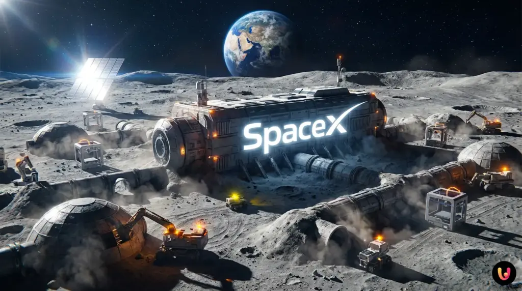 Render artistico base lunare SpaceX e Starship sulla superficie della Luna