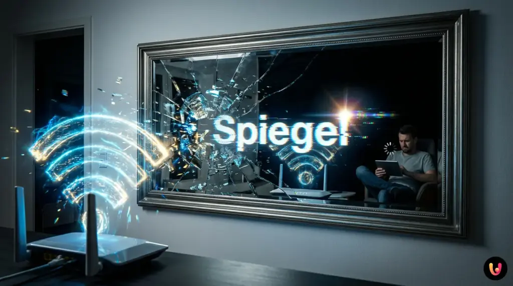 WLAN-Router neben einem Wandspiegel, der Funkwellen reflektiert