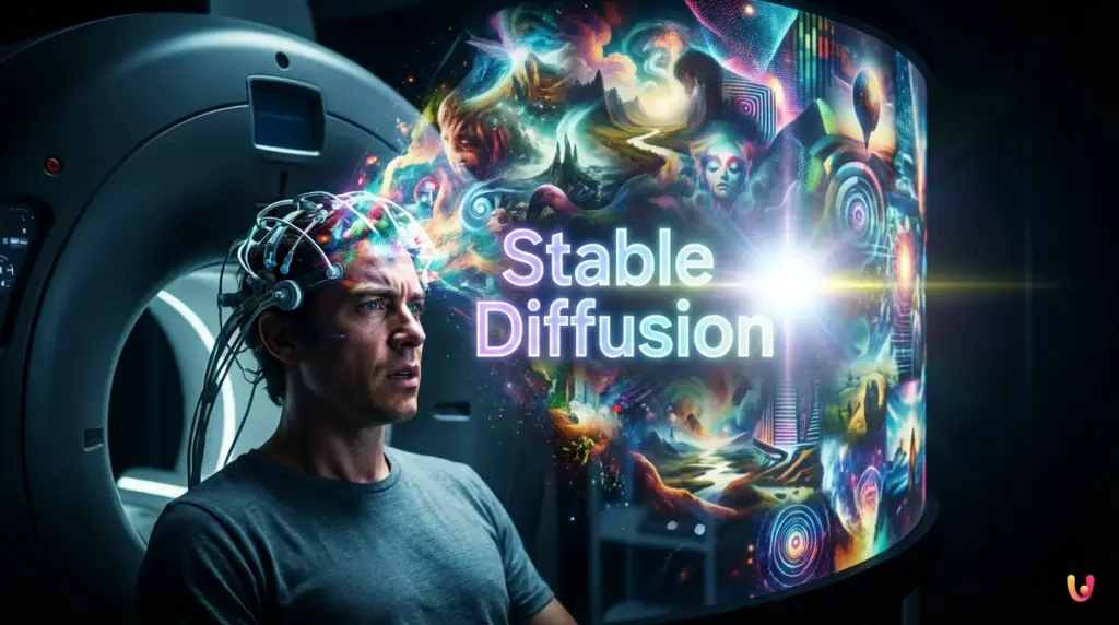 Rendering artistico di reti neurali che generano immagini da segnali fMRI