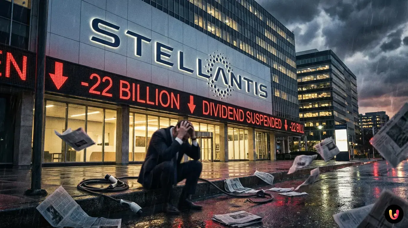 Logo Stellantis su sfondo rosso che simboleggia il crollo in borsa