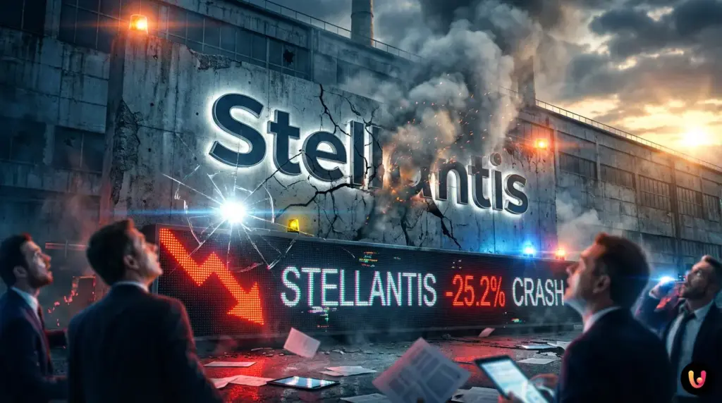 Grafico azionario in rosso che mostra il crollo del titolo Stellantis