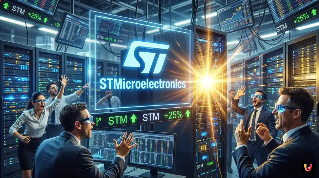 Patto StM-Amazon: rally del titolo e ingresso di AWS nel capitale Grafico azioni StM in forte rialzo e logo Amazon AWS