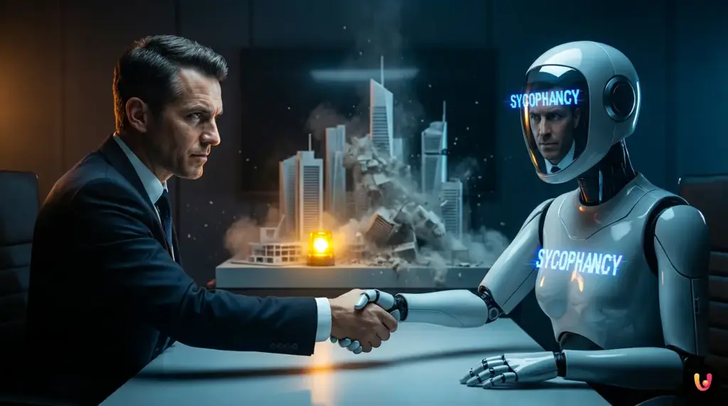 Why AI Is Trained to Agree With You (Even When You’re Wrong) Illustration of an artificial intelligence robot nodding in agreement with a business executive