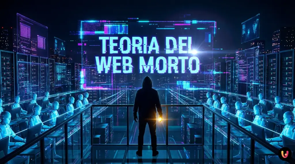 L’era del Web Morto: perché oggi l’umano è l’eccezione online Rete digitale astratta con sagome umane che si dissolvono in codice binario e bot