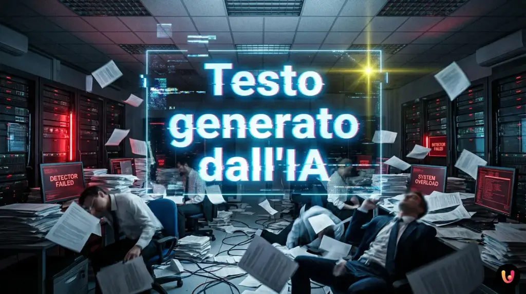 Uffici sommersi da documenti digitali e schermi che segnalano errori di rilevamento IA