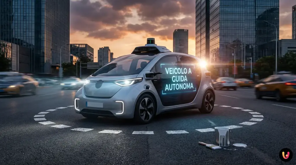 Trappola del sale: perché un cerchio bianco blocca la guida autonoma Auto senza conducente ferma dentro un cerchio di linee bianche tratteggiate sull'asfalto