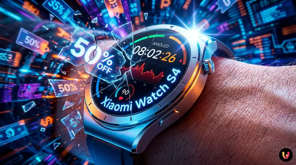 Primo piano dello smartwatch Xiaomi Watch S4 con display acceso e cassa in metallo