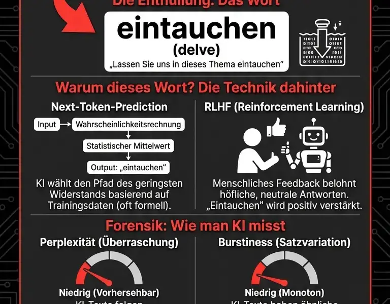 Infografica: Das KI-Wasserzeichen: Warum dieses Wort jeden Bot verr&auml;t