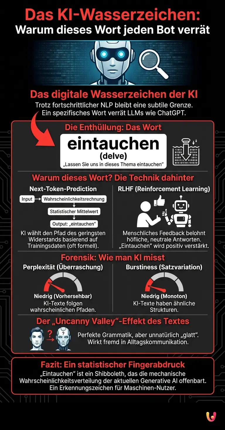 Das KI-Wasserzeichen: Warum dieses Wort jeden Bot verr&auml;t - Zusammenfassende Infografik