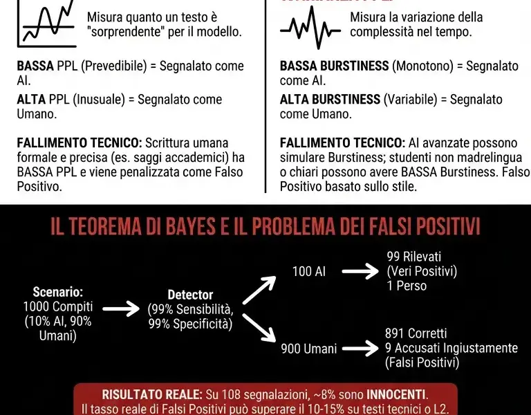 Infografica: Affidabilit&agrave; Detector AI: Analisi Matematica del Fallimento di Turnitin e Affini