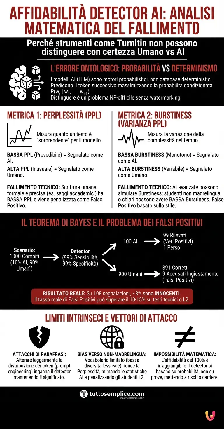 Affidabilit&agrave; Detector AI: Analisi Matematica del Fallimento di Turnitin e Affini - Infografica riassuntiva