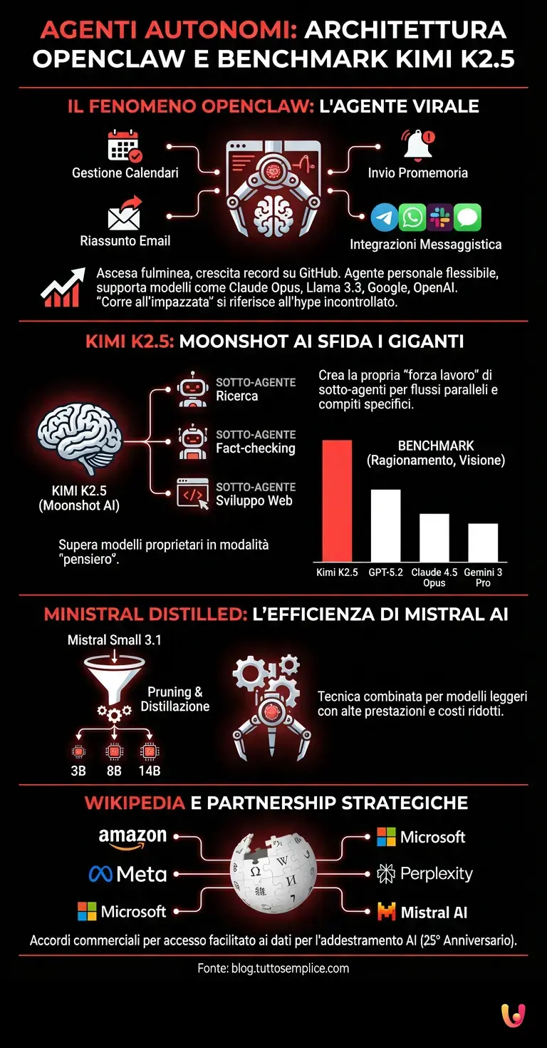 Agenti autonomi: architettura OpenClaw e benchmark Kimi K2.5 - Infografica riassuntiva
