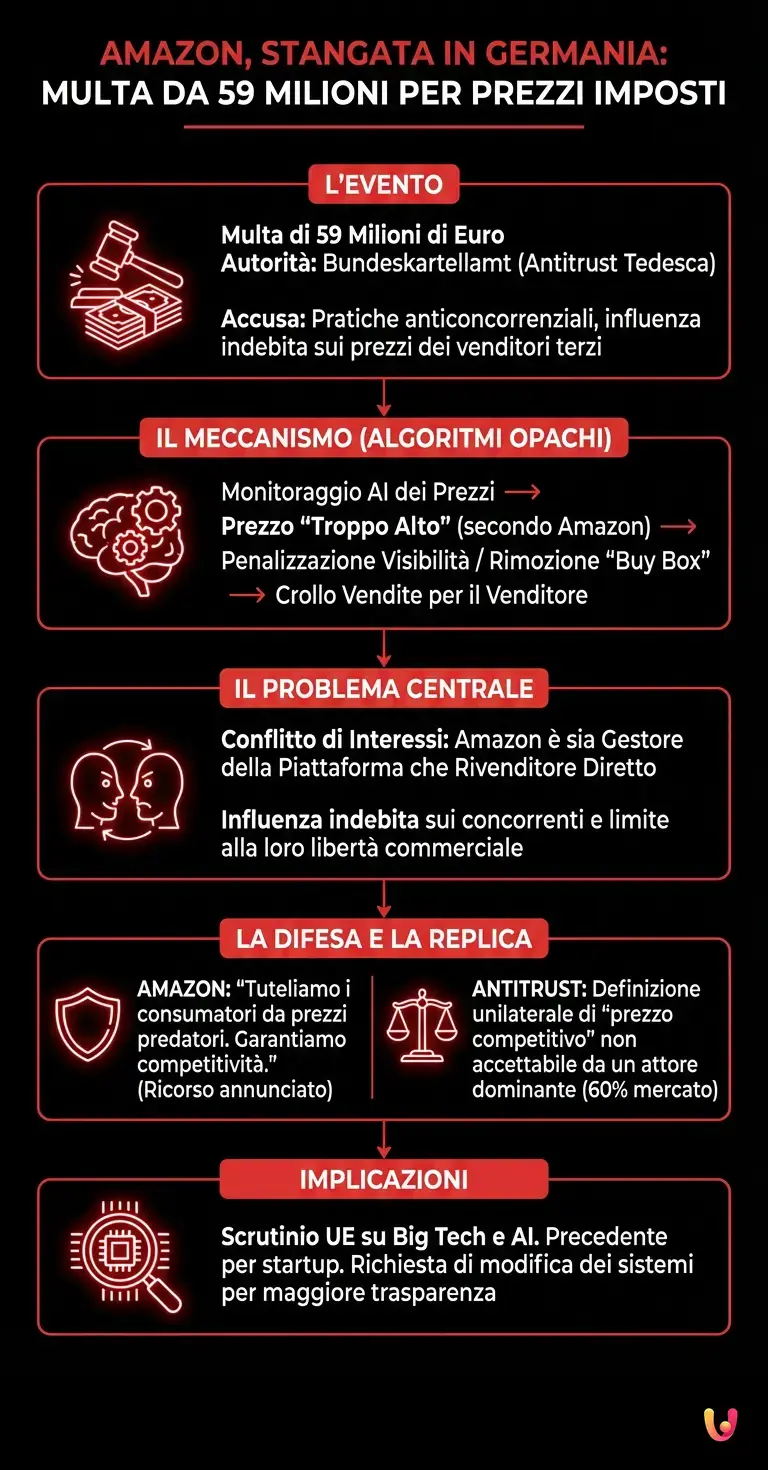 Amazon, stangata in Germania: multa da 59 milioni per prezzi imposti - Infografica riassuntiva
