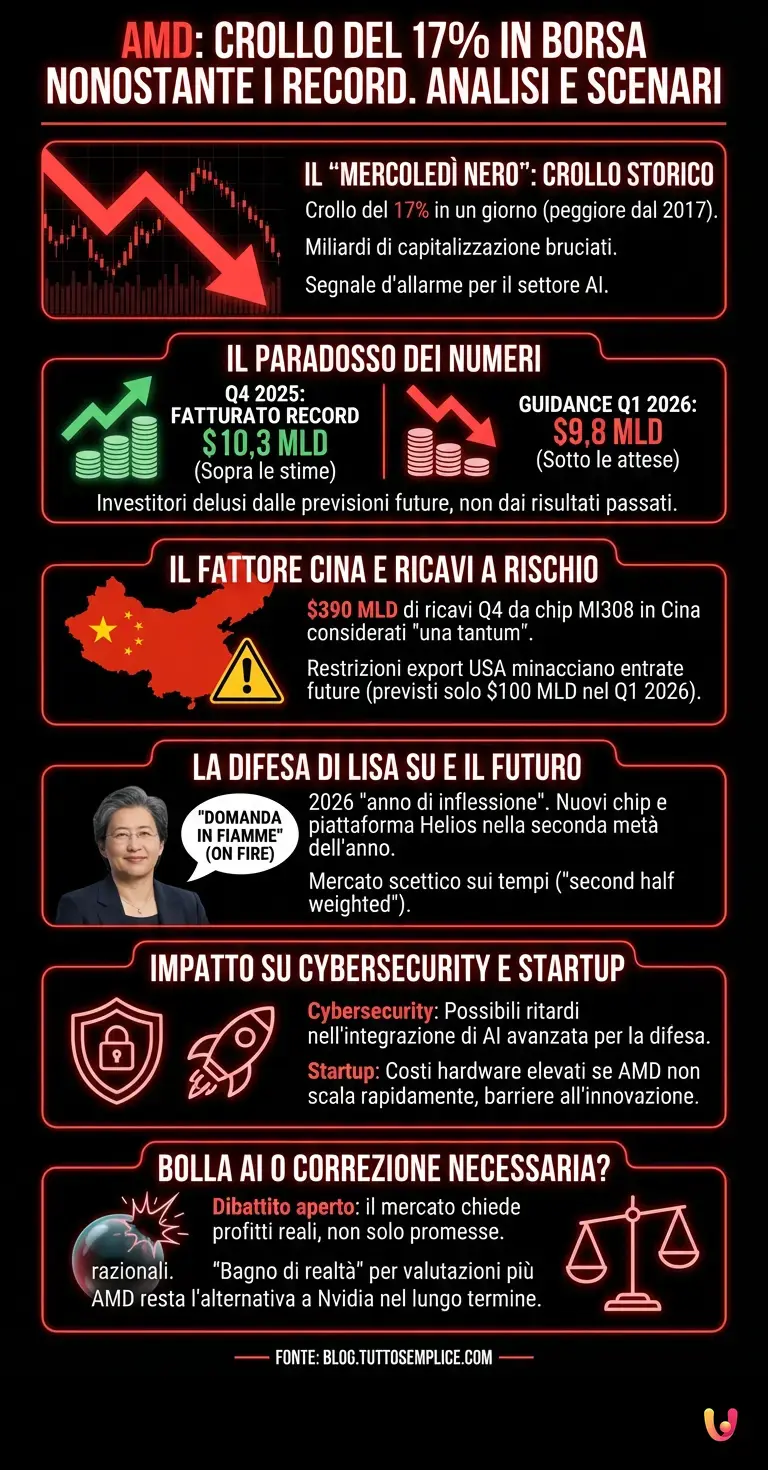 AMD: Crollo del 17% in Borsa nonostante i Record. Analisi e Scenari - Infografica riassuntiva