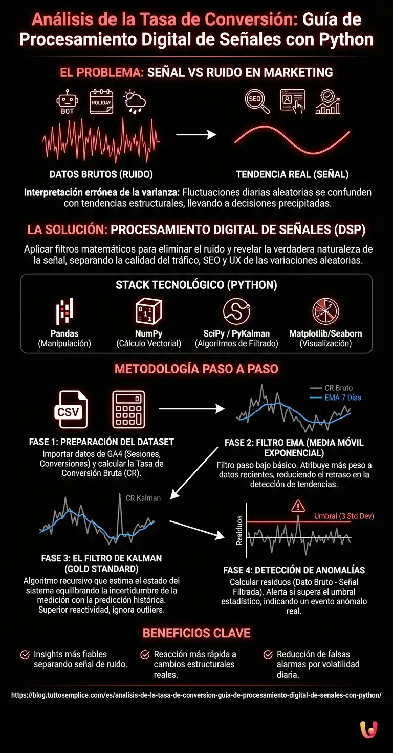 Análisis de la Tasa de Conversión: Guía de Procesamiento Digital de Señales con Python - Infografía resumen