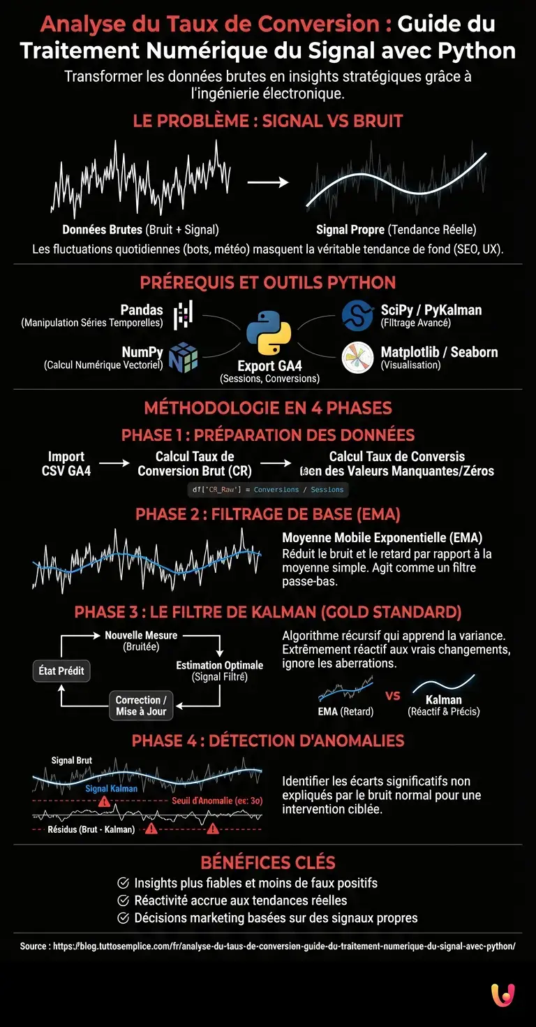 Analyse du Taux de Conversion : Guide du Traitement Num&eacute;rique du Signal avec Python - Infographie r&eacute;sumant