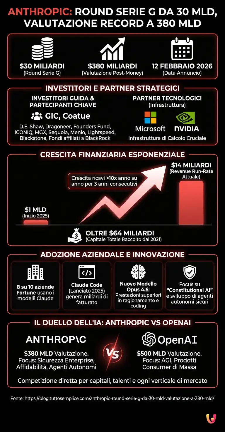 Anthropic: round Serie G da 30 mld, valutazione a 380 mld - Infografica riassuntiva