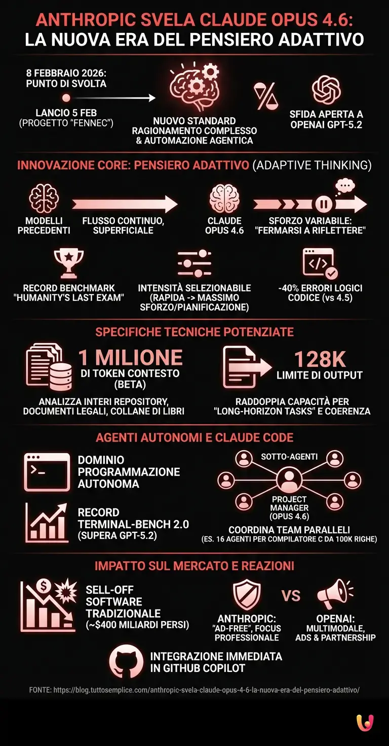 Anthropic svela Claude Opus 4.6: la nuova era del pensiero adattivo - Infografica riassuntiva