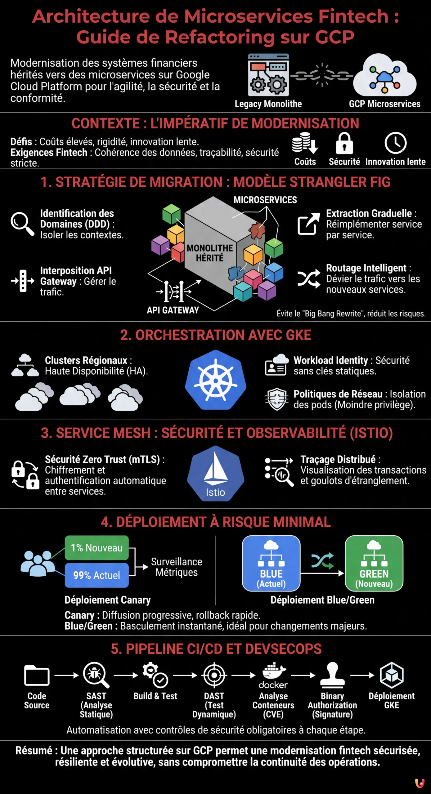 Architecture de Microservices Fintech : Guide de Refactoring sur GCP - Infographie r&eacute;sumant