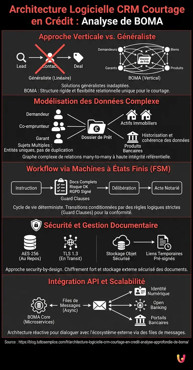 Architecture Logicielle CRM Courtage en Cr&eacute;dit : Analyse Approfondie de BOMA - Infographie r&eacute;sumant