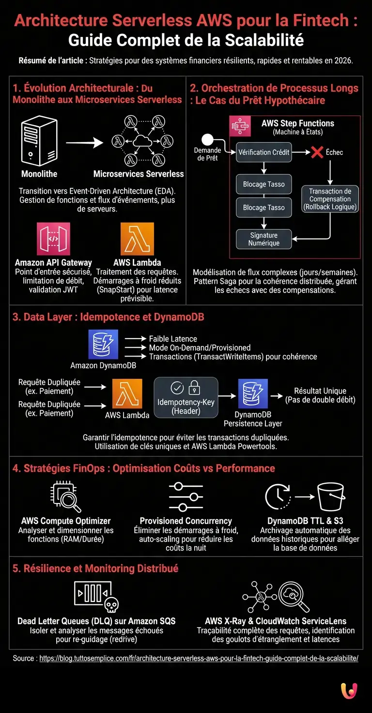 Architecture Serverless AWS pour la Fintech : Guide Complet de la Scalabilit&eacute; - Infographie r&eacute;sumant