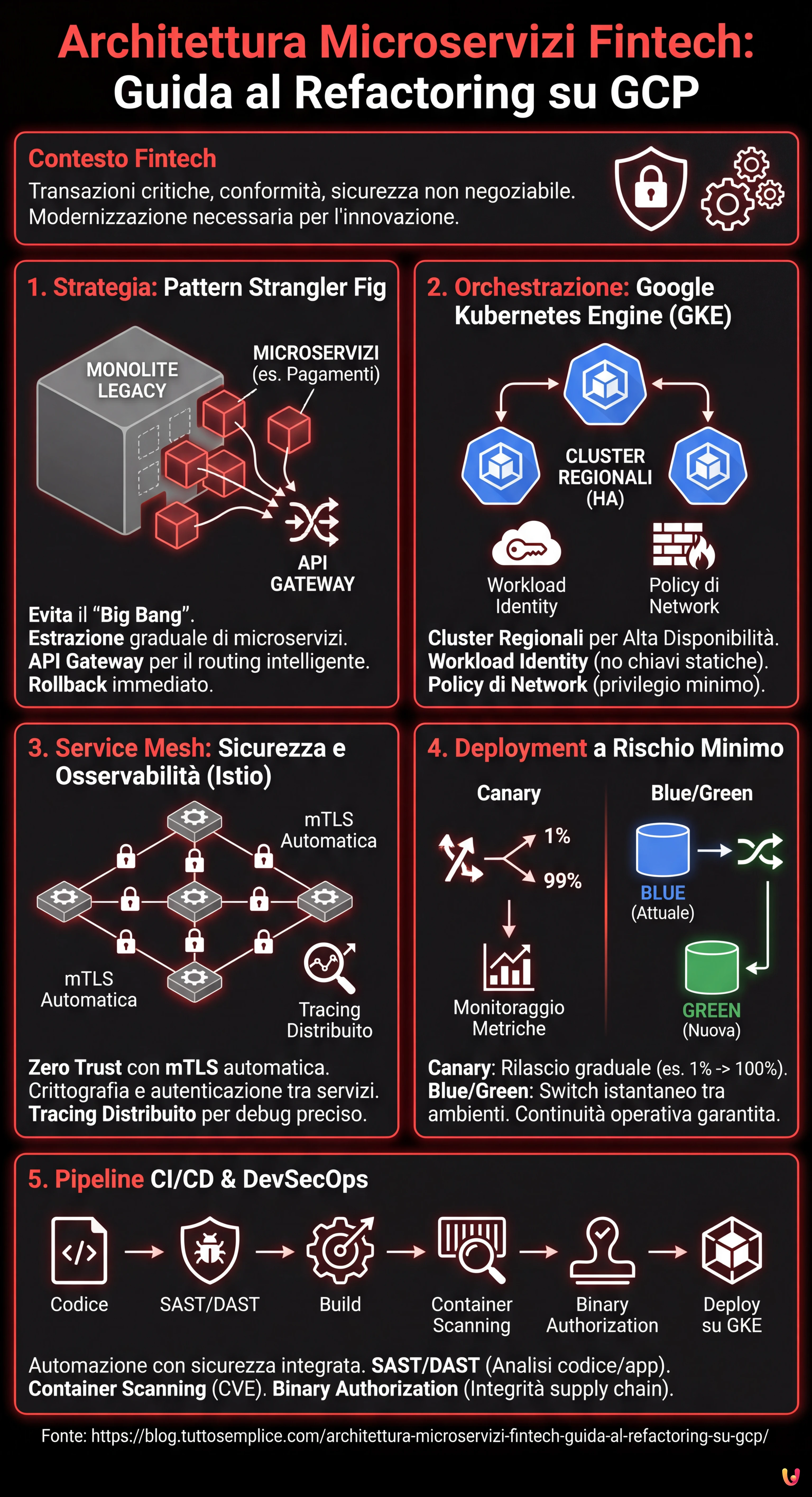 Architettura Microservizi Fintech: Guida al Refactoring su GCP - Infografica riassuntiva