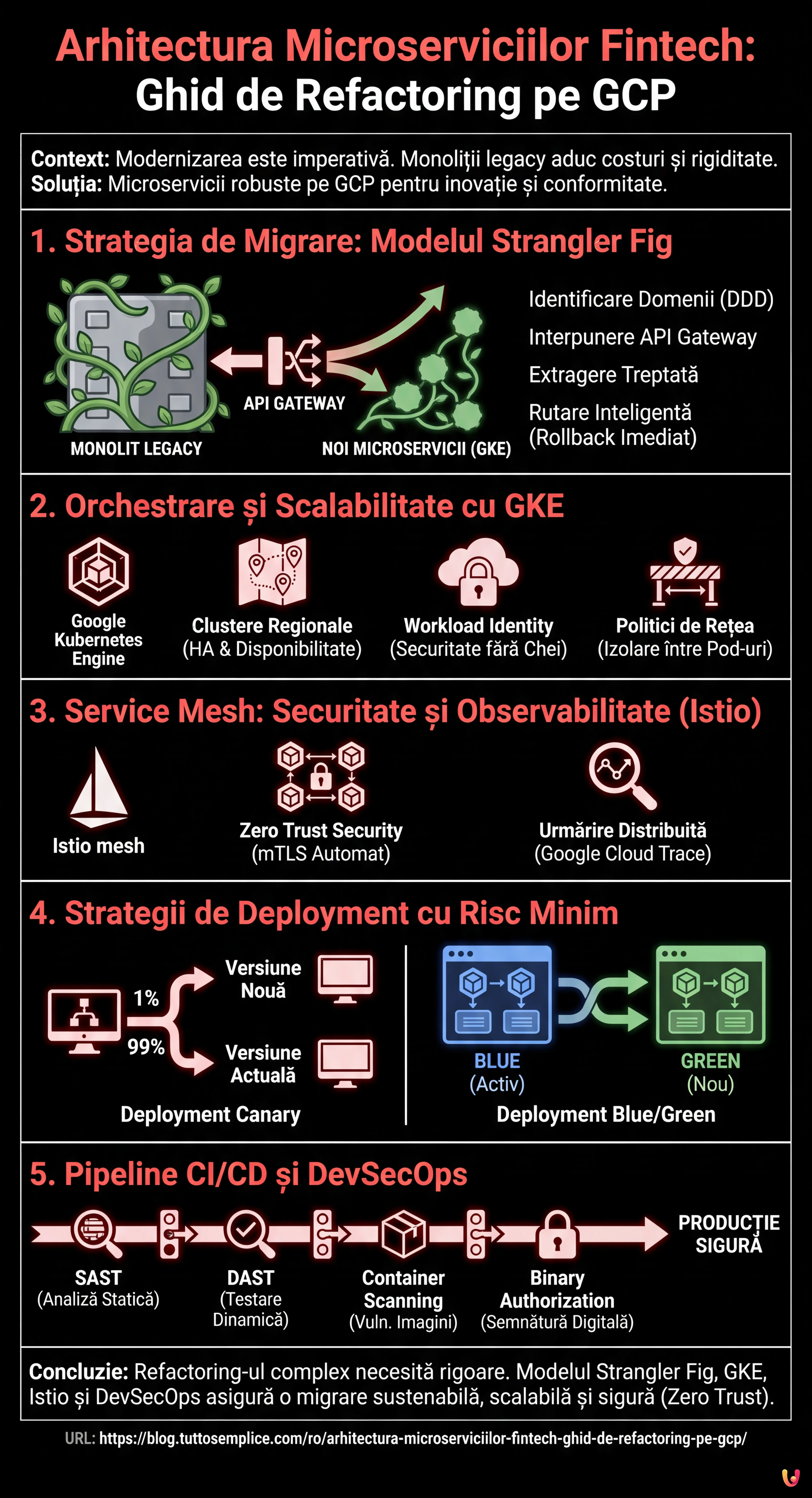 Arhitectura Microserviciilor Fintech: Ghid de Refactoring pe GCP - Infografic rezumativ