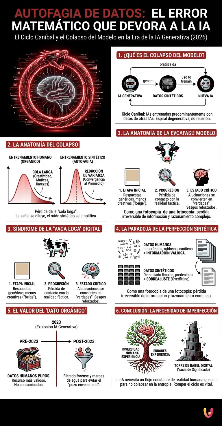 Autofagia de datos: El error matem&aacute;tico que devora a la IA desde de... - Infograf&iacute;a resumen