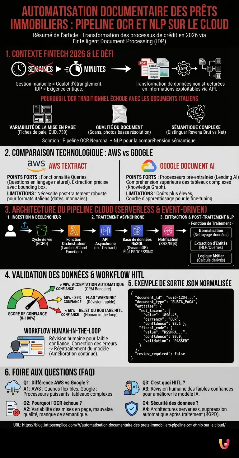 Automatisation Documentaire des Pr&ecirc;ts Immobiliers : Pipeline OCR et NLP sur le Cloud - Infographie r&eacute;sumant