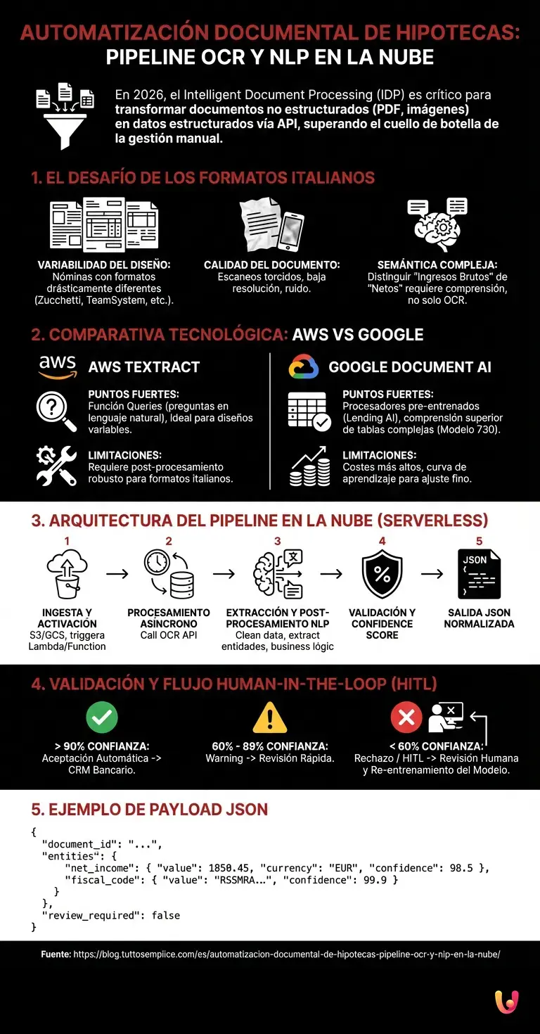 Automatizaci&oacute;n Documental de Hipotecas: Pipeline OCR y NLP en la Nube - Infograf&iacute;a resumen