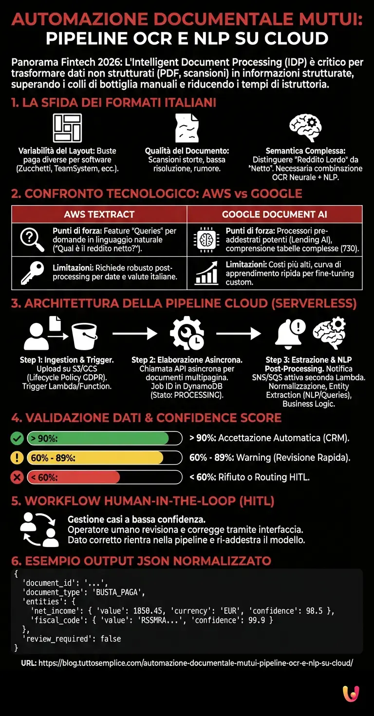 Automazione Documentale Mutui: Pipeline OCR e NLP su Cloud - Infografica riassuntiva