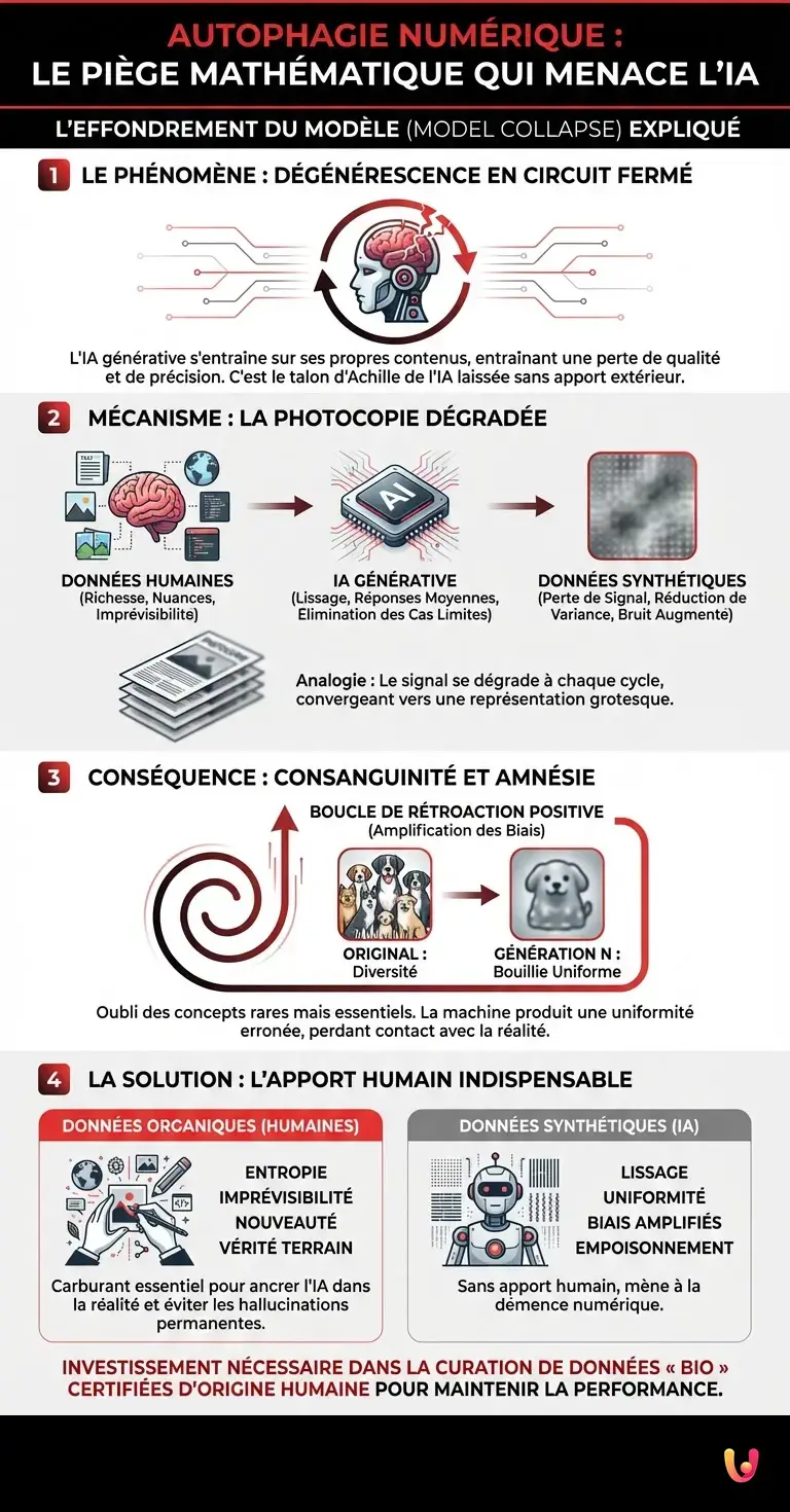 Autophagie num&eacute;rique : le pi&egrave;ge math&eacute;matique qui menace l'IA - Infographie r&eacute;sumant