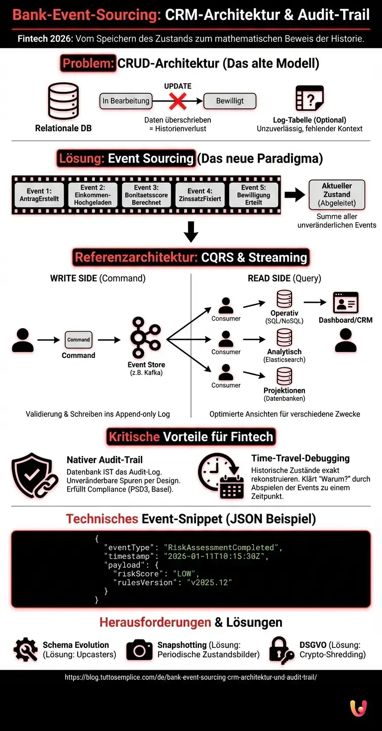 Bank-Event-Sourcing: CRM-Architektur und Audit-Trail - Zusammenfassende Infografik