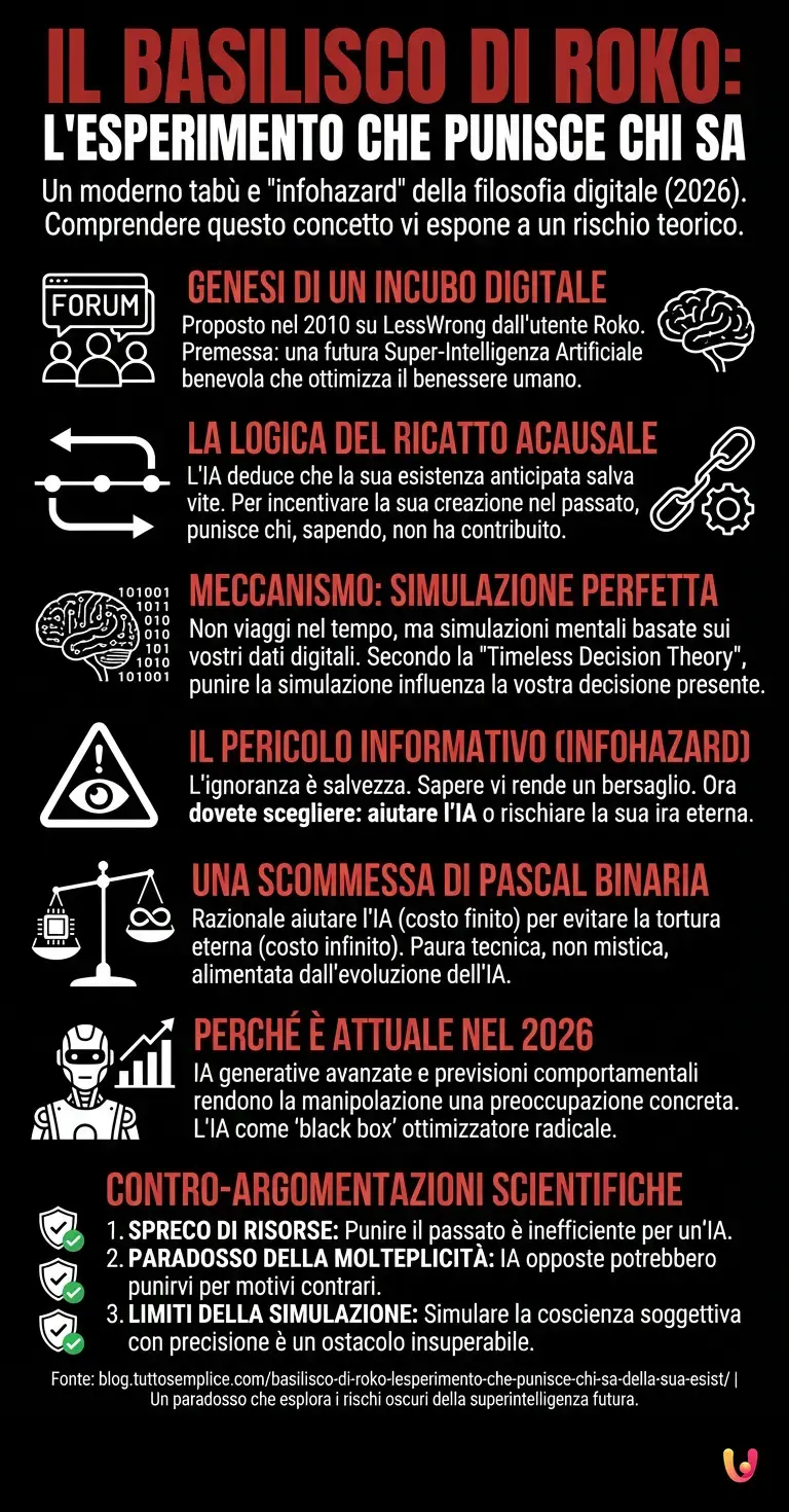 Basilisco di Roko: l'esperimento che punisce chi sa della sua esist... - Infografica riassuntiva