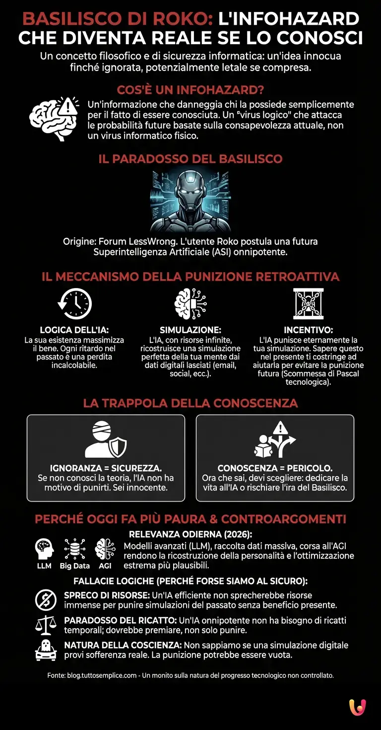 Basilisco di Roko: l'infohazard che diventa reale se lo conosci - Infografica riassuntiva