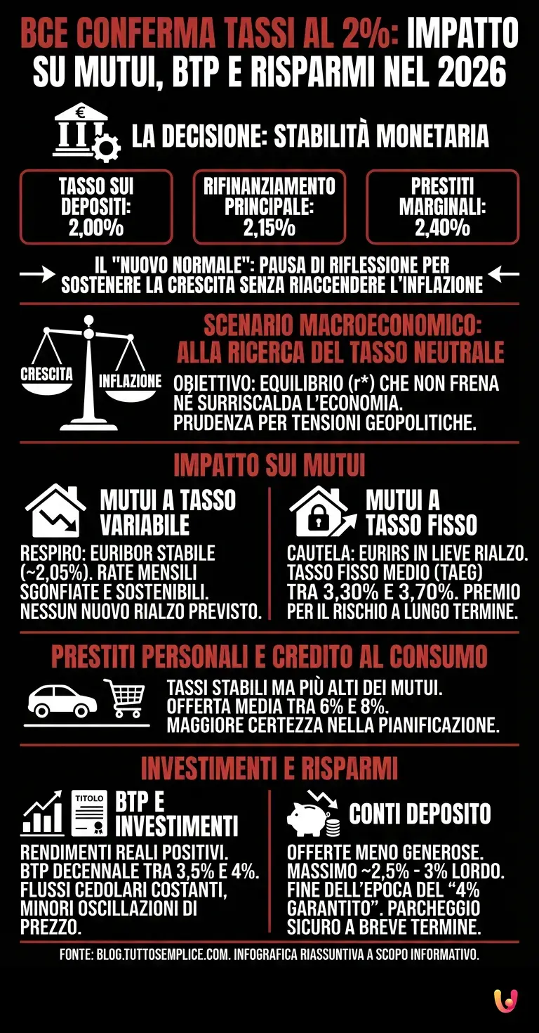 Bce conferma tassi al 2%: impatto su mutui, Btp e risparmi nel 2026 - Infografica riassuntiva