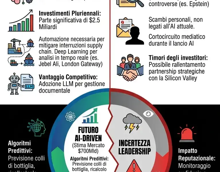 Infografica: Bin Sulayem: la scommessa AI di DP World e le ombre del caso IJF