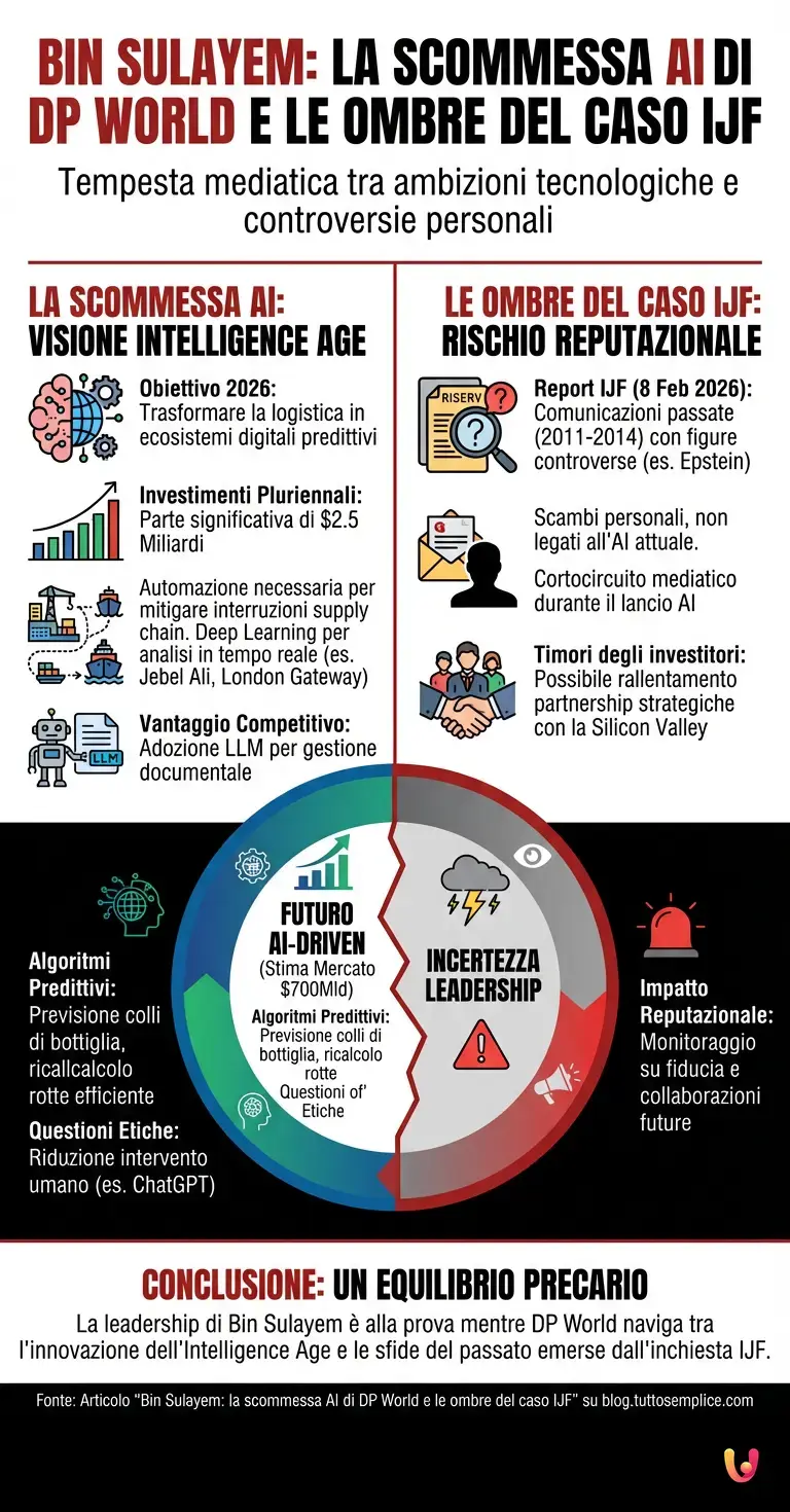 Bin Sulayem: la scommessa AI di DP World e le ombre del caso IJF - Infografica riassuntiva