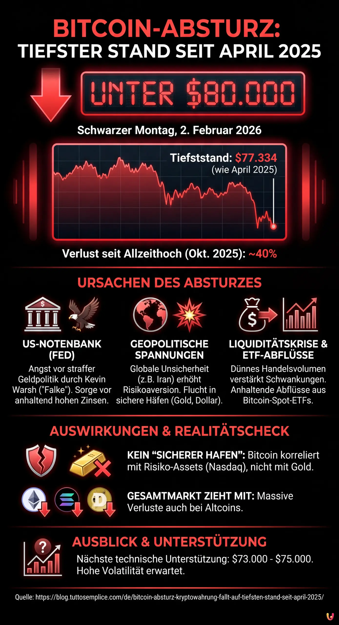 Bitcoin-Absturz: Kryptow&auml;hrung f&auml;llt auf tiefsten Stand seit April 2025 - Zusammenfassende Infografik
